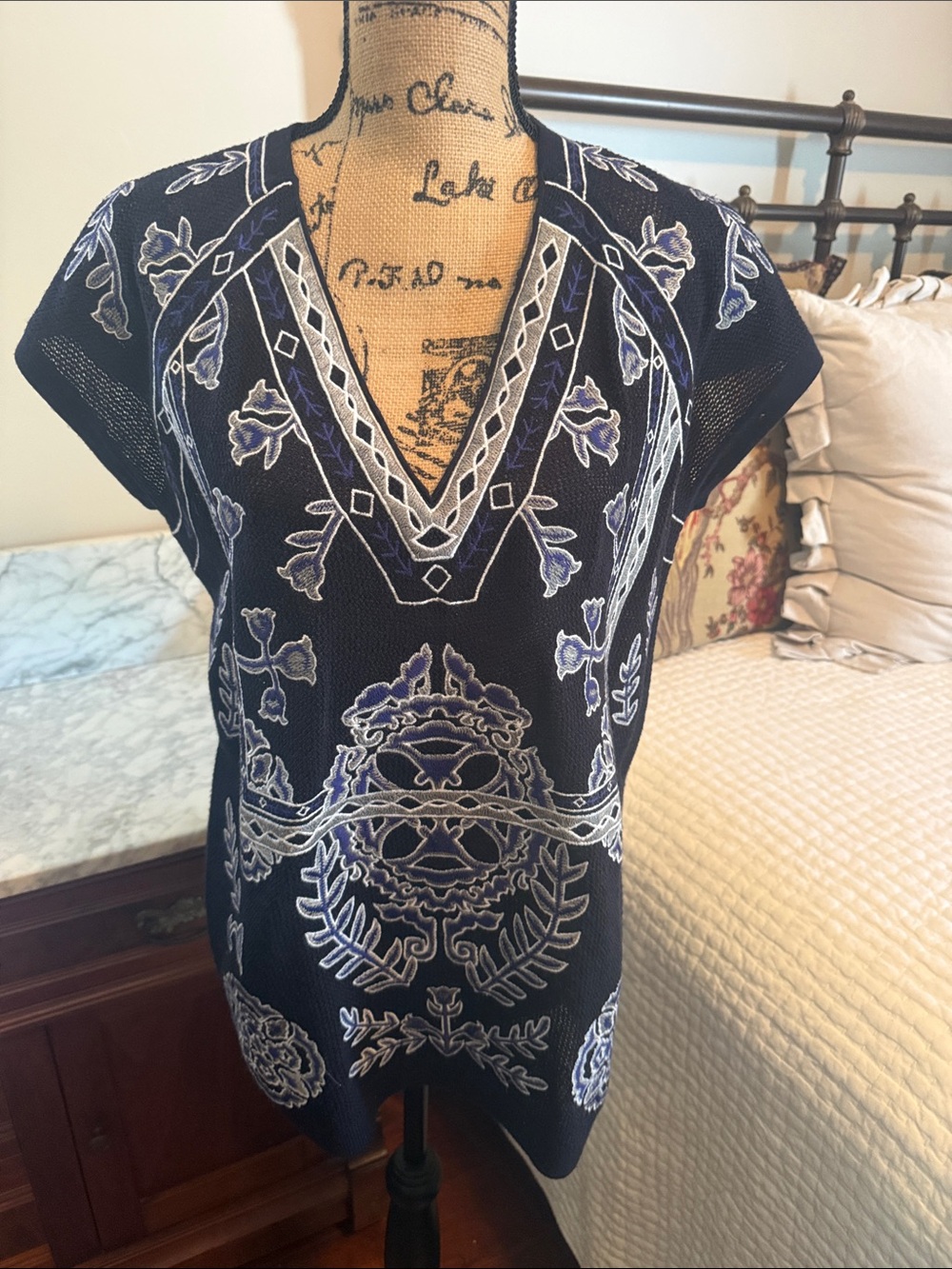Embroidered V-Neck Women’s Top - Navy Blue